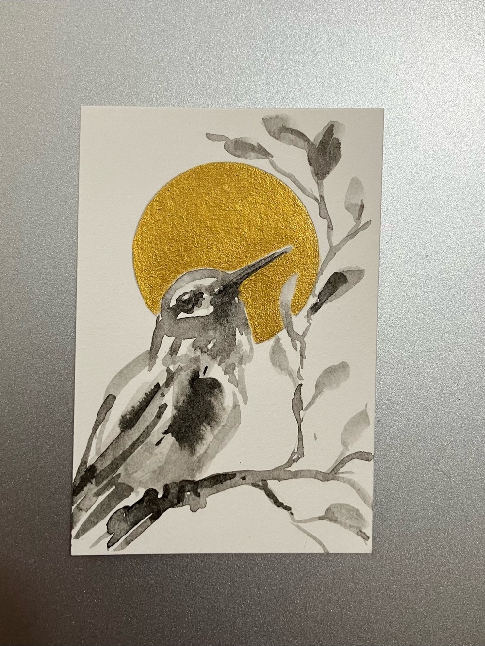 Original hummingbird painting miniature realism art sumi-e style artwork